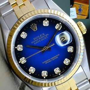 ROLEX MENS DATEJUST WATCH GOLD STEEL FACTORY BLUE DIAL FLUTED 36MM BOX & PAPERS